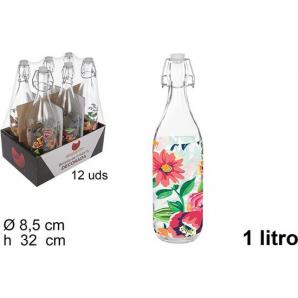 Botella cristal agua decorada primavera tapon gaseosa 1 litro - 12 unidades - Imagen 1