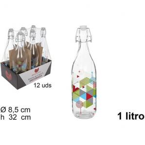Botella cristal agua decorada triangulos tapon gaseosa 1 litro - 12 unidades - Imagen 1