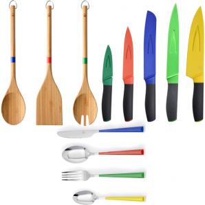 Set 3pc utensilios cocina bamboo, con set 5 cuchillos de cocina con funda/protector y set 24pcs cubertería acero inoxidable mang