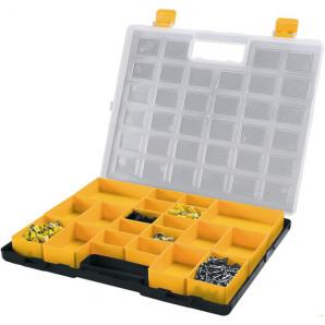 Organizador de plástico - 372x314x40 mm con 2 cajas grandes extraíbles en el interior , 8 medianas , 10 pequeñas, tapa trasparen