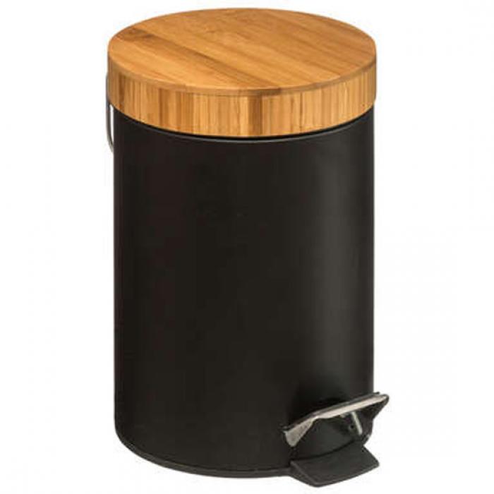 Cubo pedal 3l metal bamboo negro - Imagen 1