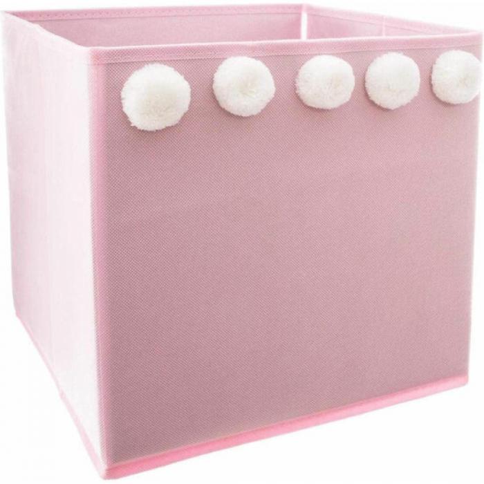 Caja  de almacenamiento infantil con pompones color rosa - 29 x 29 x 29cm - Imagen 1