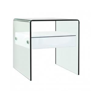 Mesa auxiliar corin, cristal curvado, cajón blanco, 50x45 cms