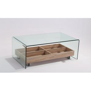Mesa auxiliar ariana, baja, cristal templado, madera, 110x55 cms