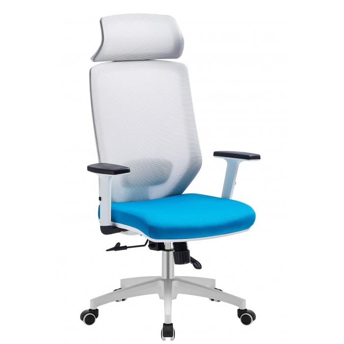 Sillón de oficina clayton, blanco, malla gris, tejido azul claro - Imagen 1