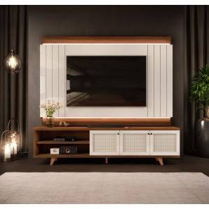 Mueble y panel vintage, madera, marroquin y blanco roto, 220 cms. - Imagen 1