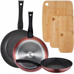 PACK DE 3 SARTENES Ø20/24 y 28 cms + SET DE 3PC DE UTENSILIOS DE COCINA EN  SILCONA Y MADERA