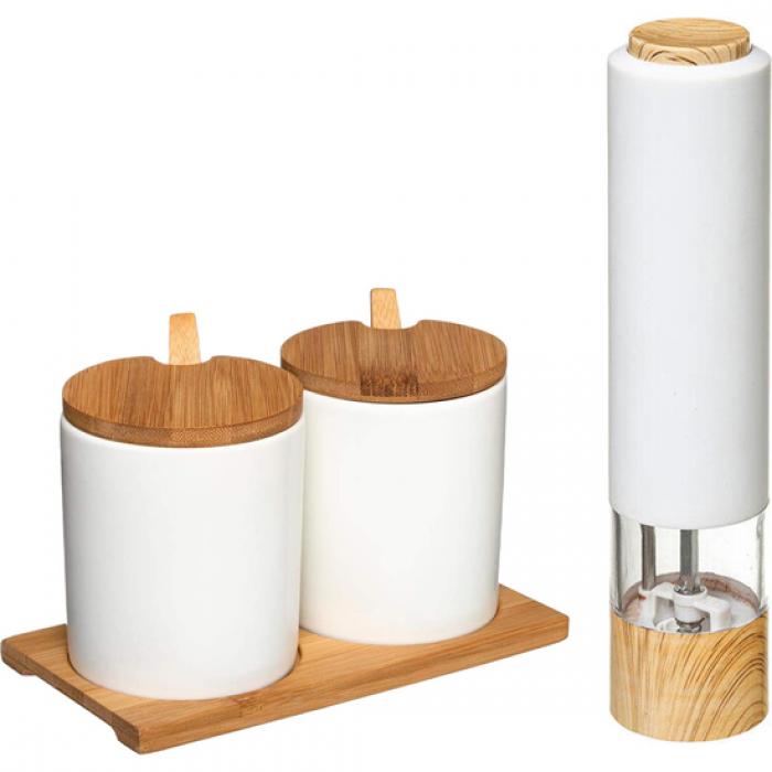 Set de molinillo de pimienta electrico + 2x tarro para especias en cerámica y base en bambú - Imagen 1