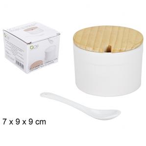 Azucarero ceramica blanca redondo con cuchara y tapa de madera - Imagen 1
