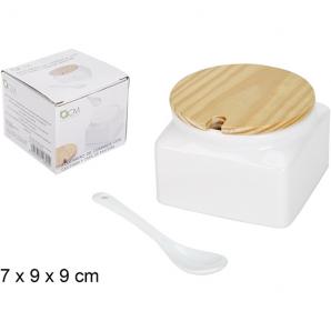 36 Azucareros ceramica blanca cuadrado con cuchara y tapa de madera - 36 unidades - Imagen 1