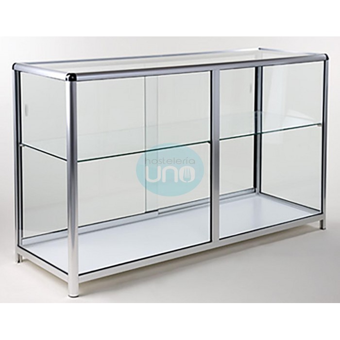 Mostrador expositor neutro cerrado de cristal plano, con estante intermedio y puertas en cristal expo-3 Mostrador expositor neutro cerrado de cristal plano, con estante intermedio y puertas en cristal expo-3