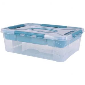 Caja de almacenaje con tapa con asa, incluye bandeja organizadora, 39 x 29 x 12,4 cm, 10 l, hubert+hilda, transparente/aqua blau