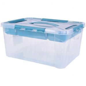 Caja de almacenaje con tapa con asa, incluye bandeja organizadora, 39 x 29 x 18 cm, 15,3 l, hubert+hilda, transparente/aqua blau