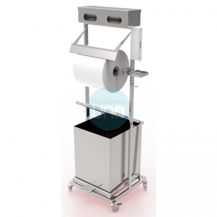 Punto móvil de desinfección con dispensador de papel y gel, y papelera con tapa Punto móvil de desinfección con dispensador de papel y gel, y papelera con tapa